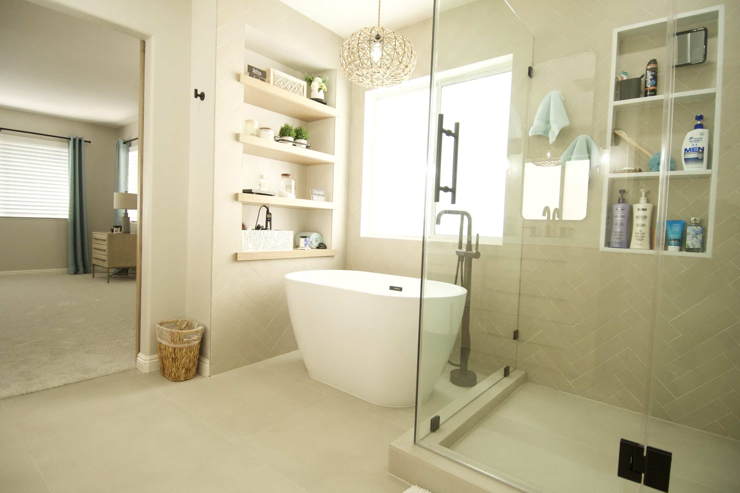 High Quality Photo - Free standing tub and white oak custom made recessed shelves on adjacent wall, Matte black fixtures in a remodeled bathroom