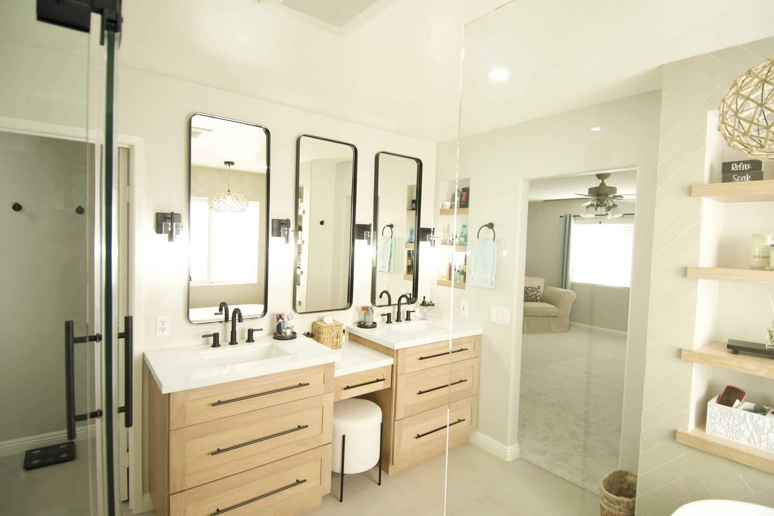 High Quality Photo - Custom made double vanity from stained white oak and black fixtures